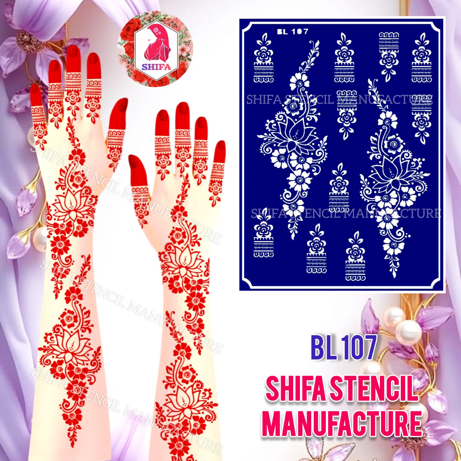 BL 107 Lotus Blossom Trail Elegance Sticker Overview Henna Stencil - Shifa Stencil